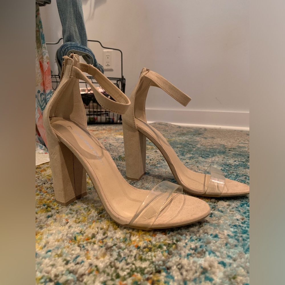 Nude 4” Block Heels w/ Clear Strap Front